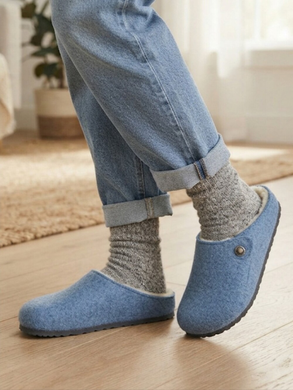 Birkenstock Zermatt Shearling Wool Felt Blue Slipper Clogs Size 6.5-7 US (37) EU